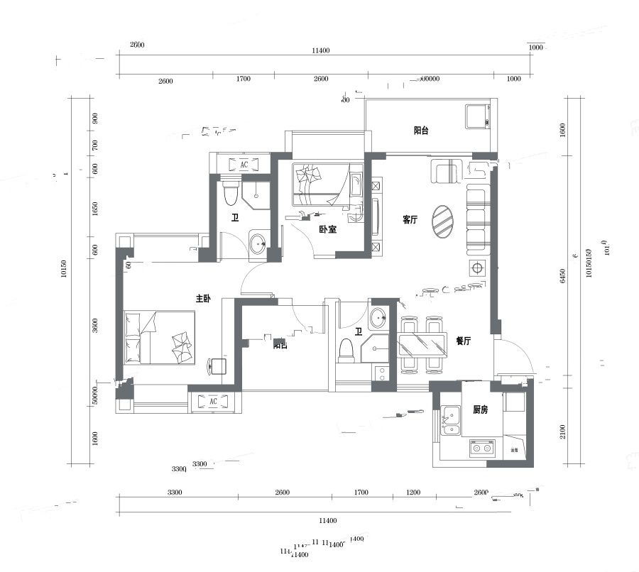 半山悦海花园2室2厅2卫89㎡户型图