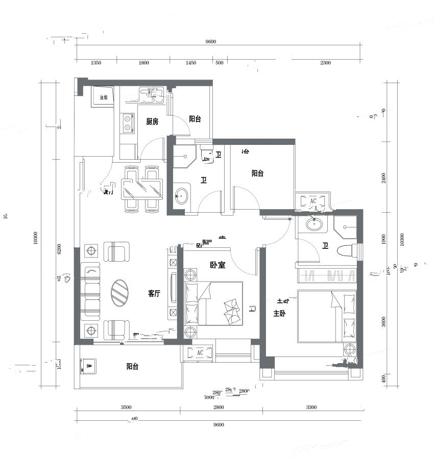 半山悦海花园2室2厅2卫89㎡户型图