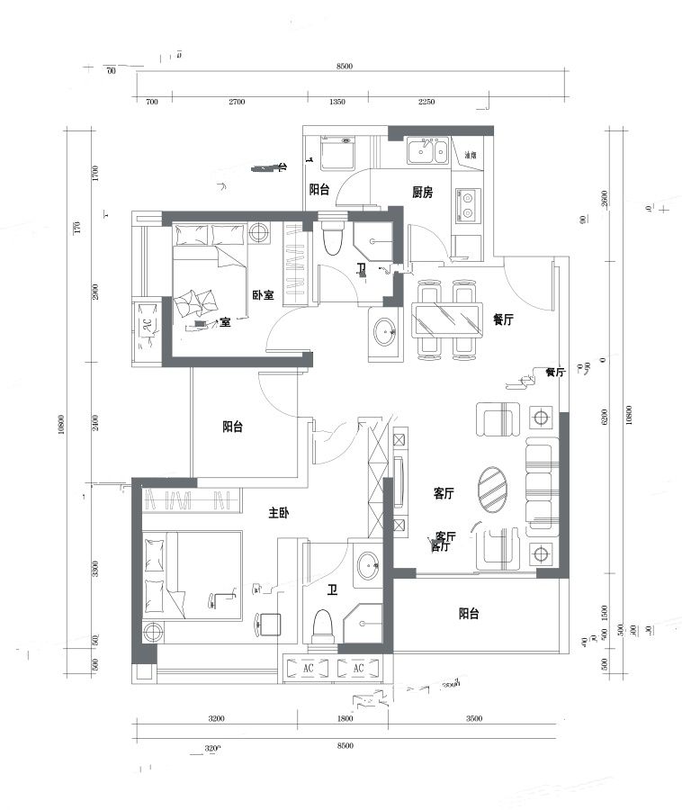 半山悦海花园2室2厅2卫89㎡户型图