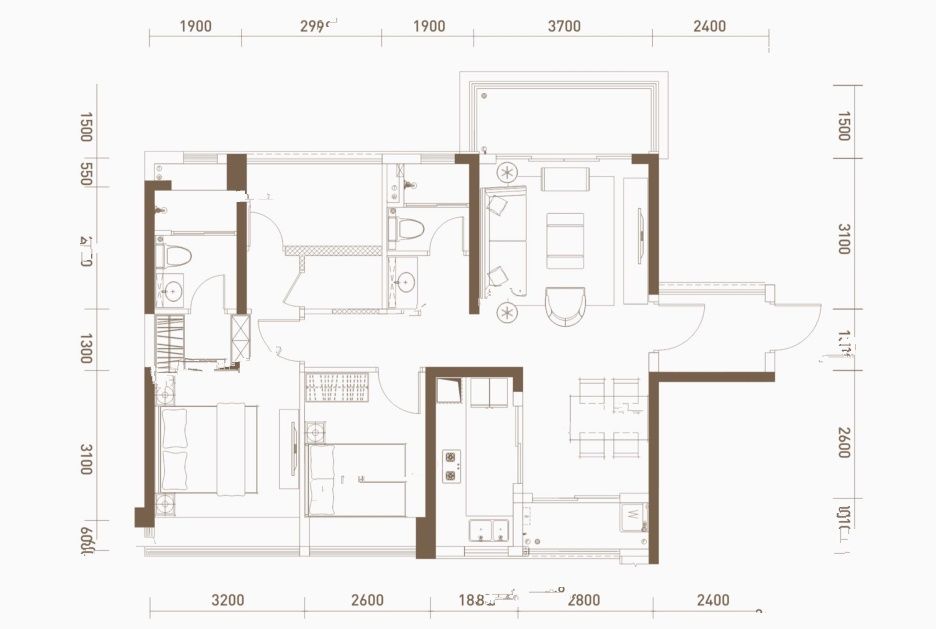 仁恒公园世纪3室2厅2卫99㎡户型图
