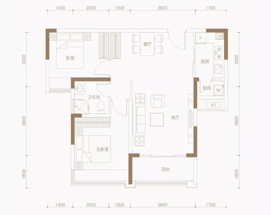 富士君悦府2室2厅1卫79㎡户型图