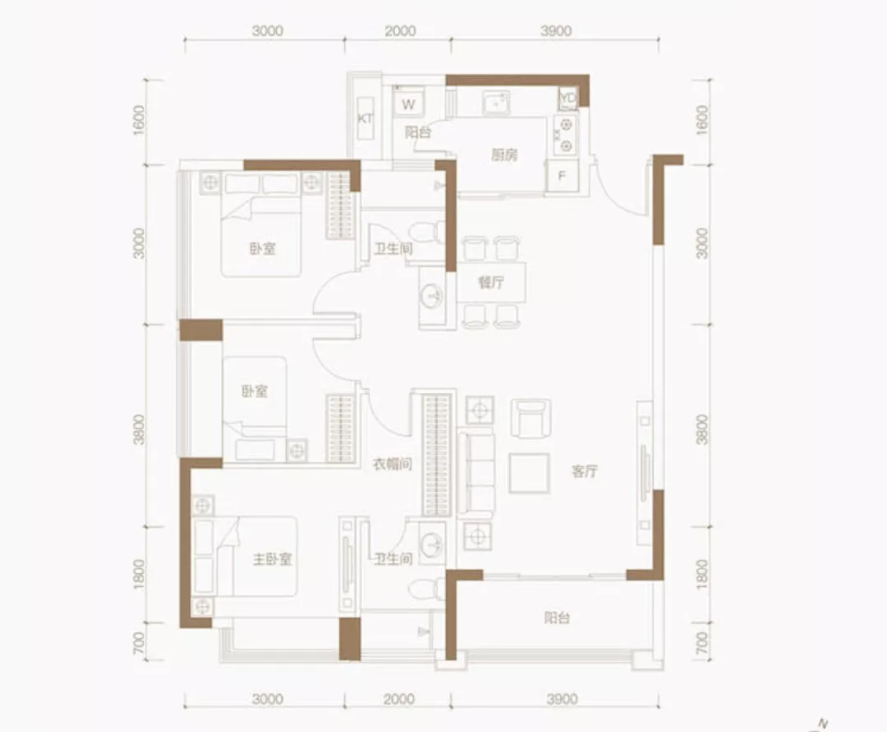 富士君悦府3室2厅2卫102㎡户型图
