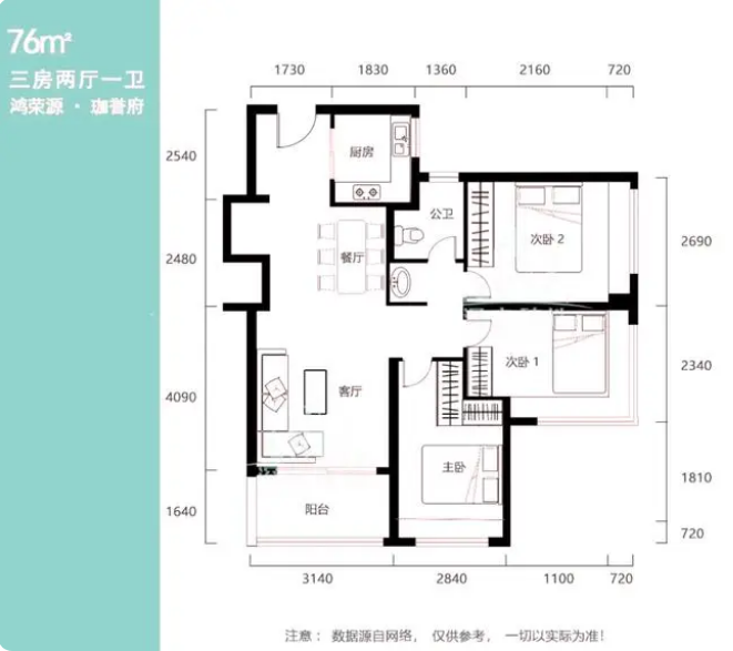 鸿荣源珈誉府2区3室2厅1卫76㎡户型图