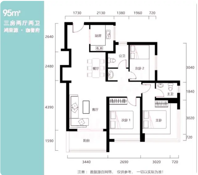 鸿荣源珈誉府2区3室2厅2卫95㎡户型图