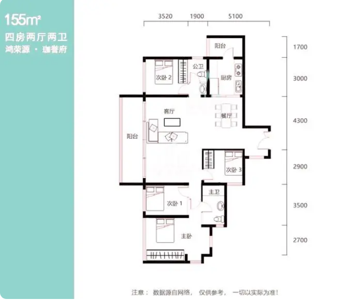 鸿荣源珈誉府2区4室2厅2卫155㎡户型图