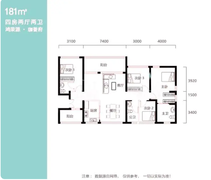 鸿荣源珈誉府2区4室2厅2卫181㎡户型图