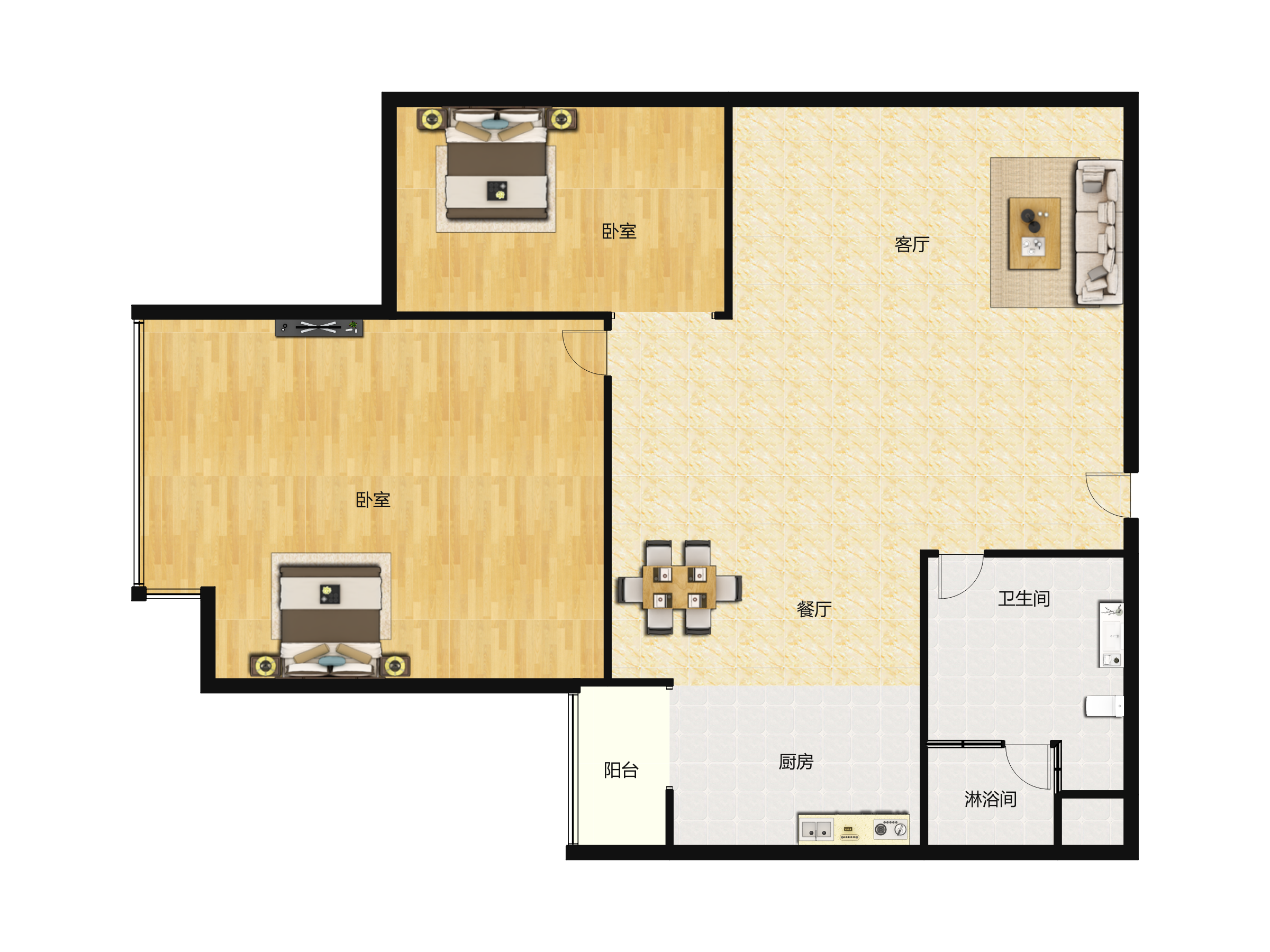 明德公馆2室1厅1卫45㎡户型图