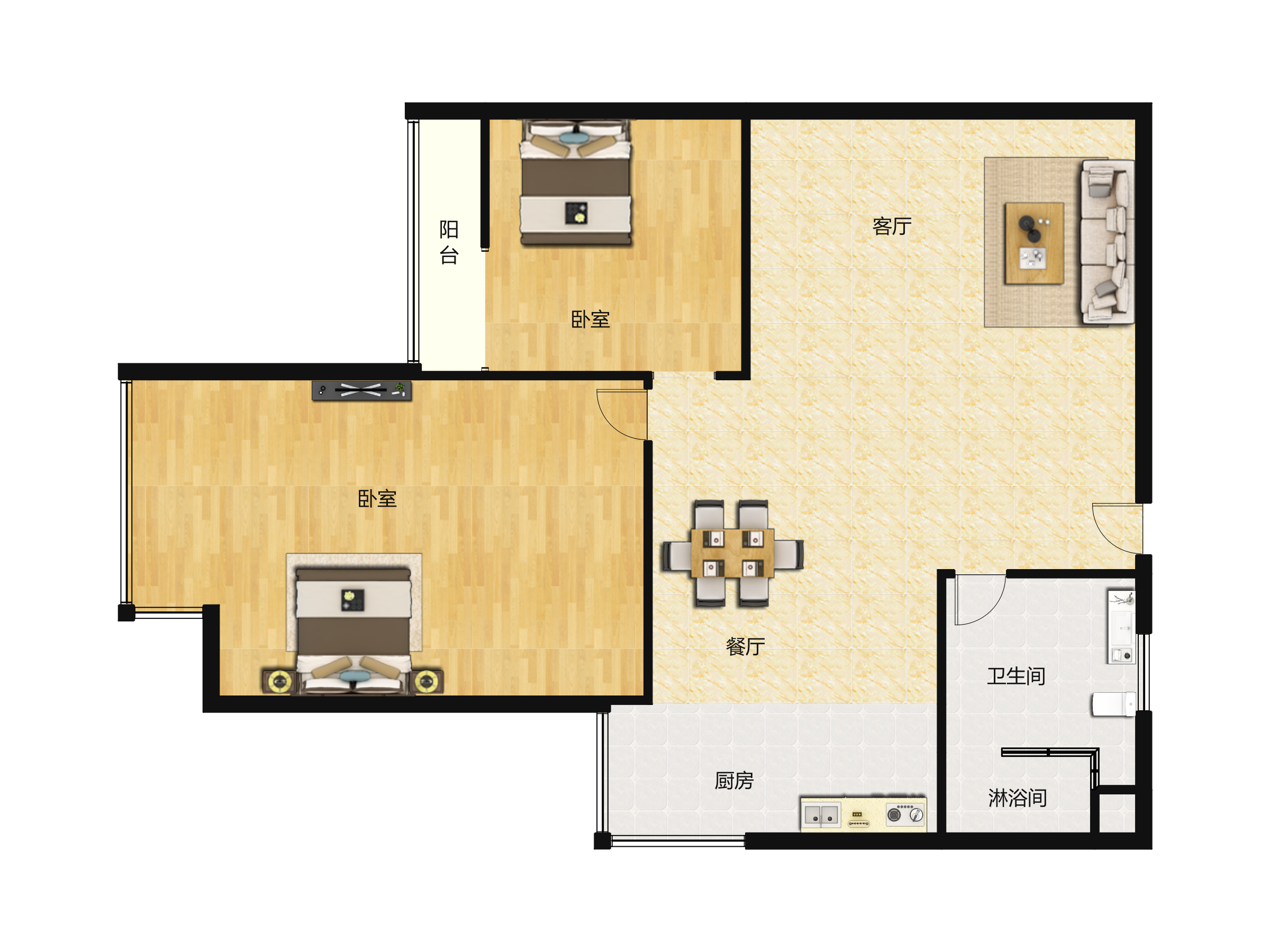 明德公馆2室1厅1卫48㎡户型图