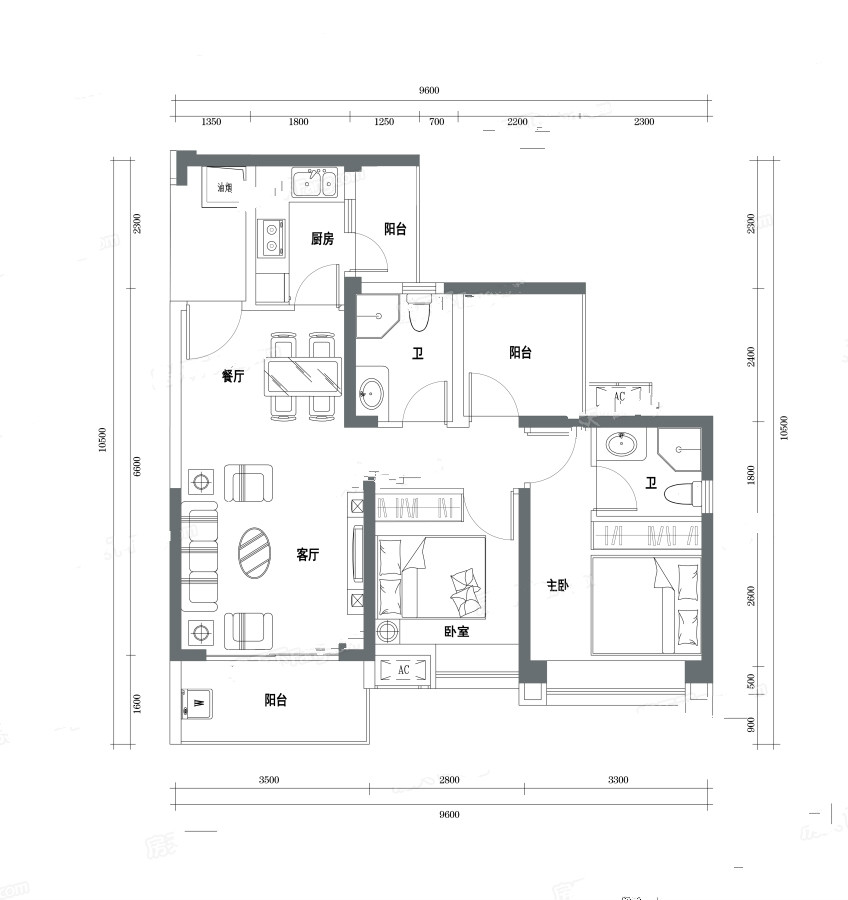 半山悦海花园2室2厅2卫89㎡户型图