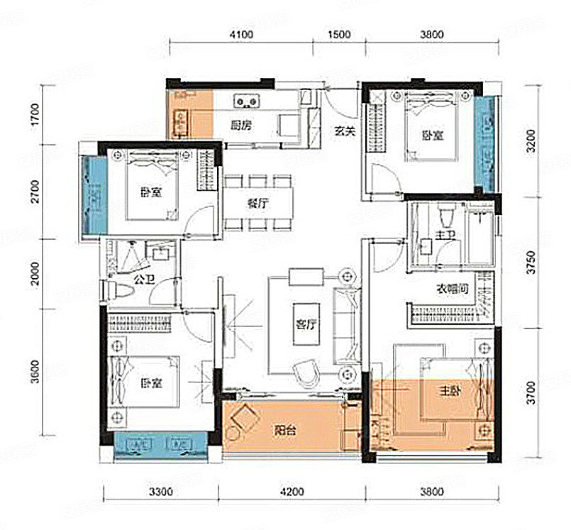 华强城乐芙公馆4室2厅3卫125㎡户型图