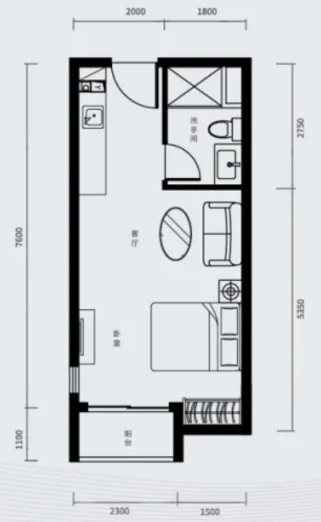 恒大珺睿大厦0室1厅1卫42㎡户型图
