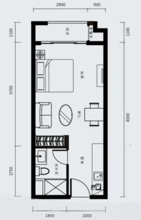 恒大珺睿大厦0室1厅1卫48㎡户型图