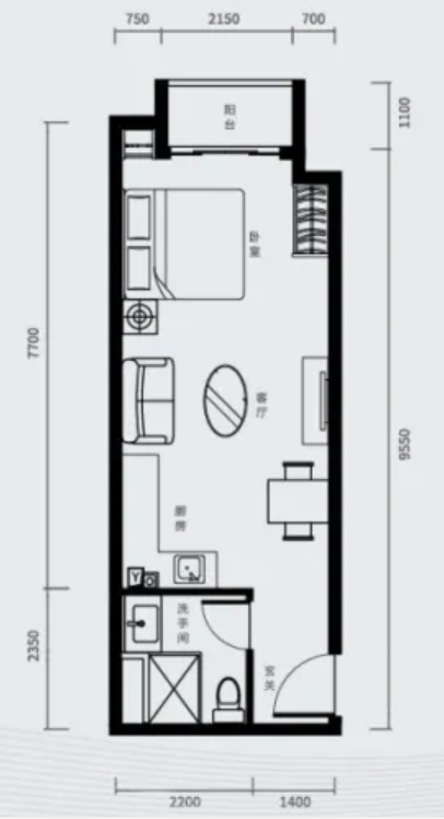 恒大珺睿大厦0室1厅1卫50㎡户型图