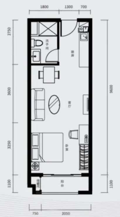 恒大珺睿大厦0室1厅1卫54㎡户型图
