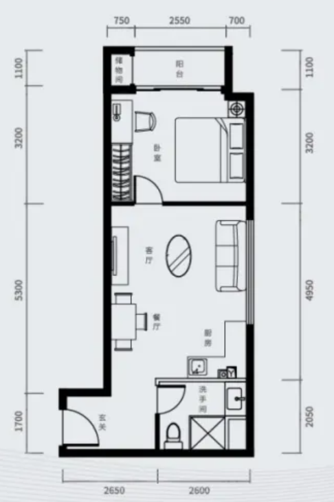 恒大珺睿大厦1室2厅1卫63㎡户型图