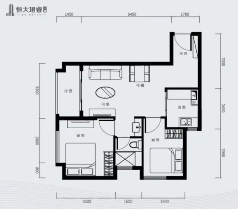 恒大珺睿大厦2室2厅1卫78㎡户型图