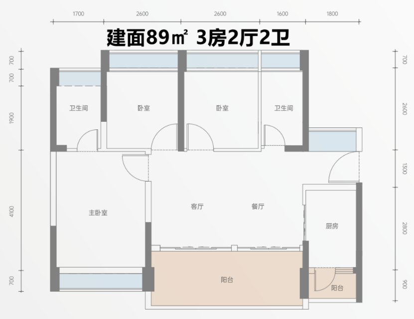 众福红山印3室2厅2卫89㎡户型图