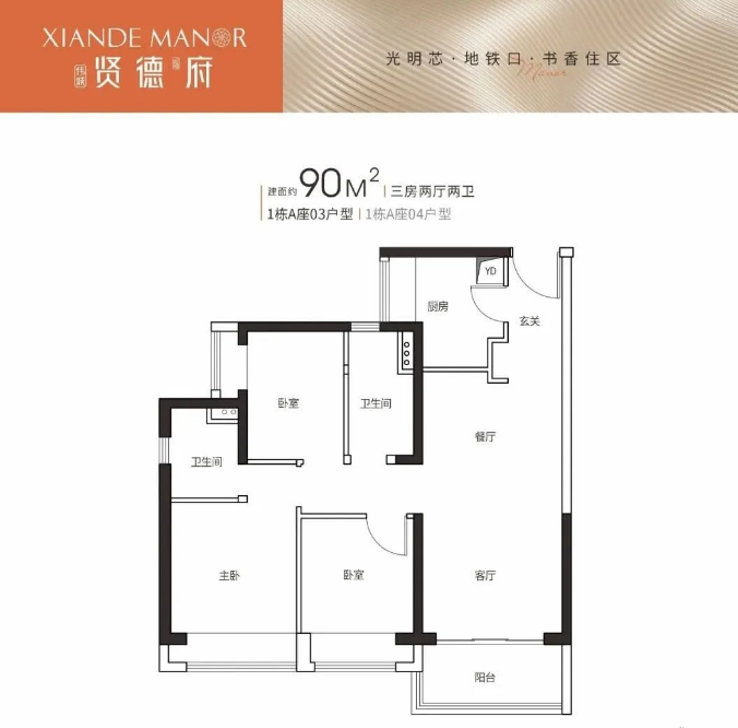 伟城贤德瑞府3室2厅2卫90㎡户型图