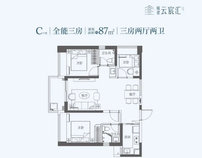城建云宸汇3室2厅2卫87㎡户型图