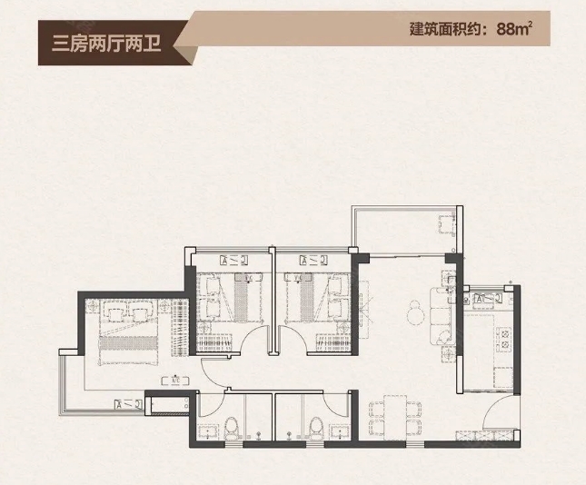 特发学府朗园3室2厅2卫88㎡户型图