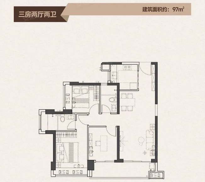 特发学府朗园3室2厅2卫97㎡户型图