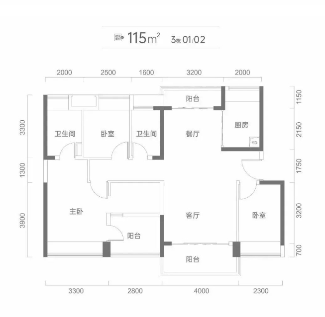 总章翡翠公馆3室2厅2卫115㎡户型图
