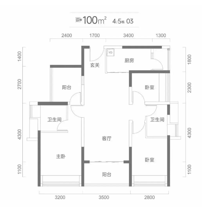 总章翡翠公馆3室2厅2卫100㎡户型图