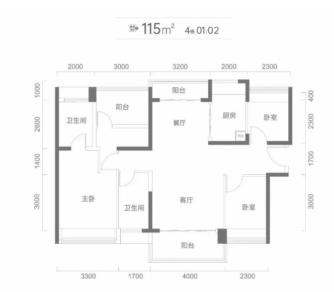 总章翡翠公馆3室2厅2卫115㎡户型图