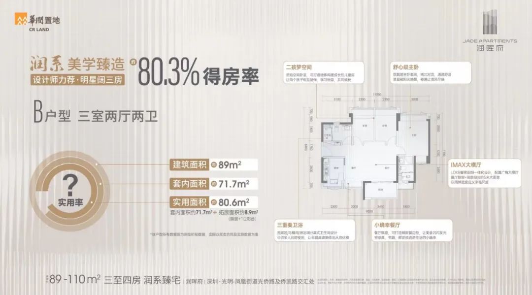 华润润曦府3室2厅2卫89㎡户型图