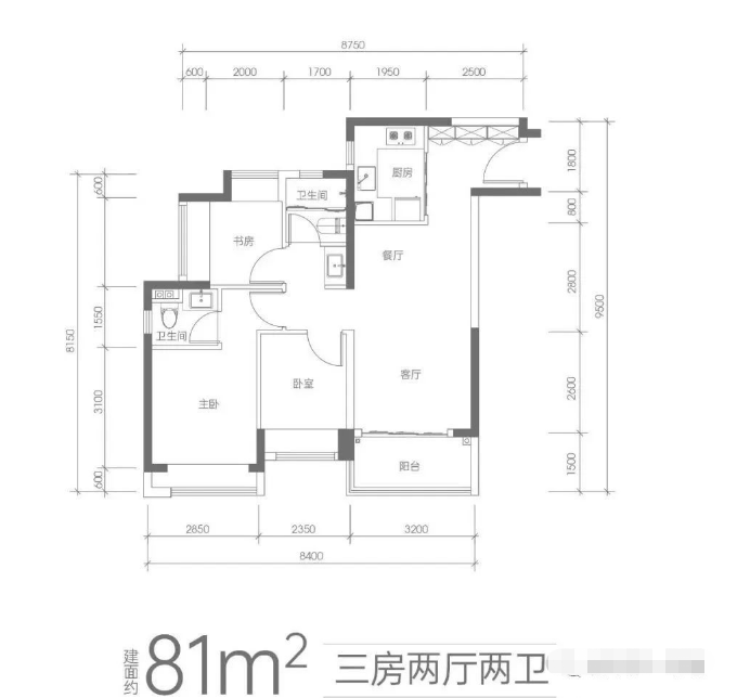 华润润曜府3室2厅1卫81㎡户型图