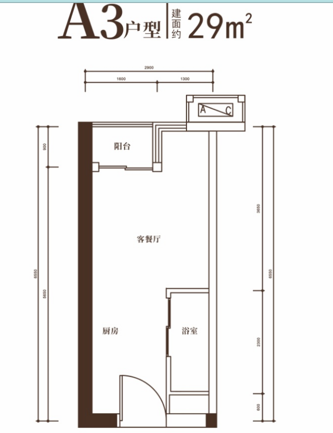 恒大天玺公馆1室1厅1卫29㎡户型图