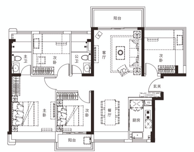 龙光春城玖榕府4室2厅2卫114㎡户型图