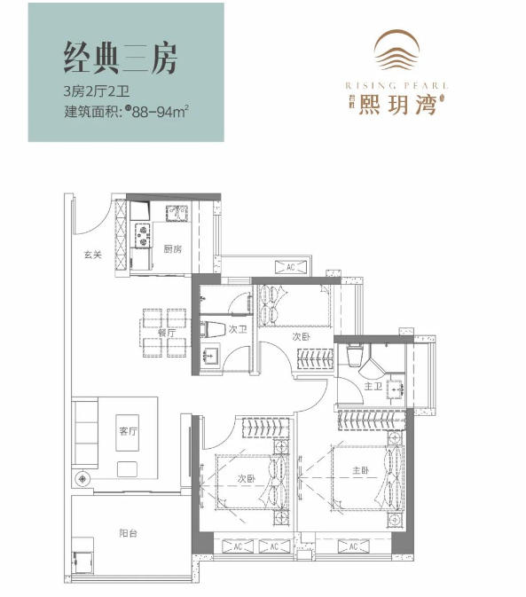 君胜熙玥湾3室2厅2卫88㎡户型图