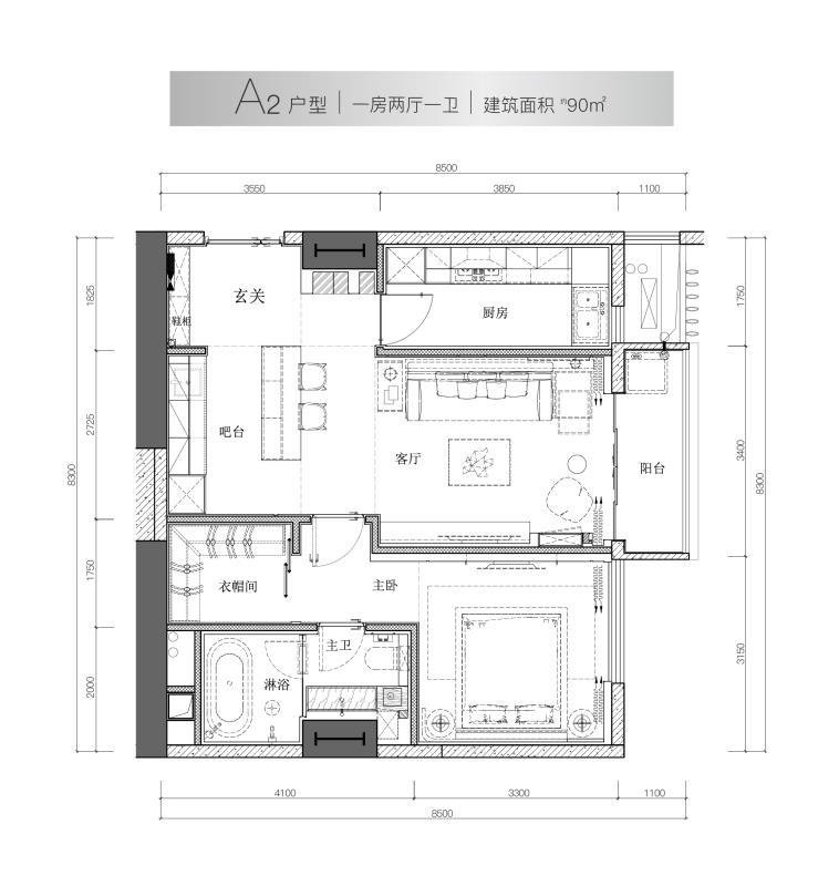 华侨城北站壹号1室2厅1卫90㎡户型图