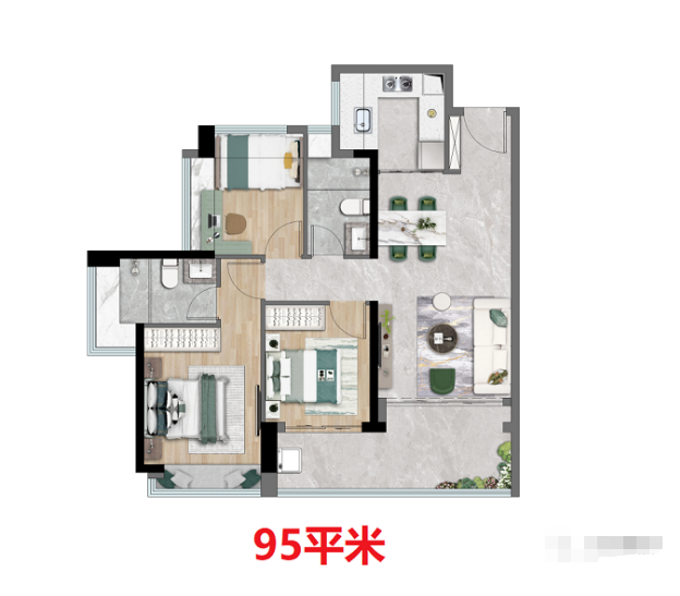 信义金御半山珑门3室2厅2卫95㎡户型图