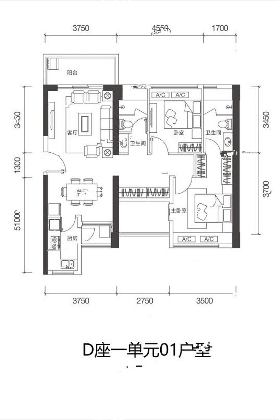 翠园华府3室2厅2卫108㎡户型图