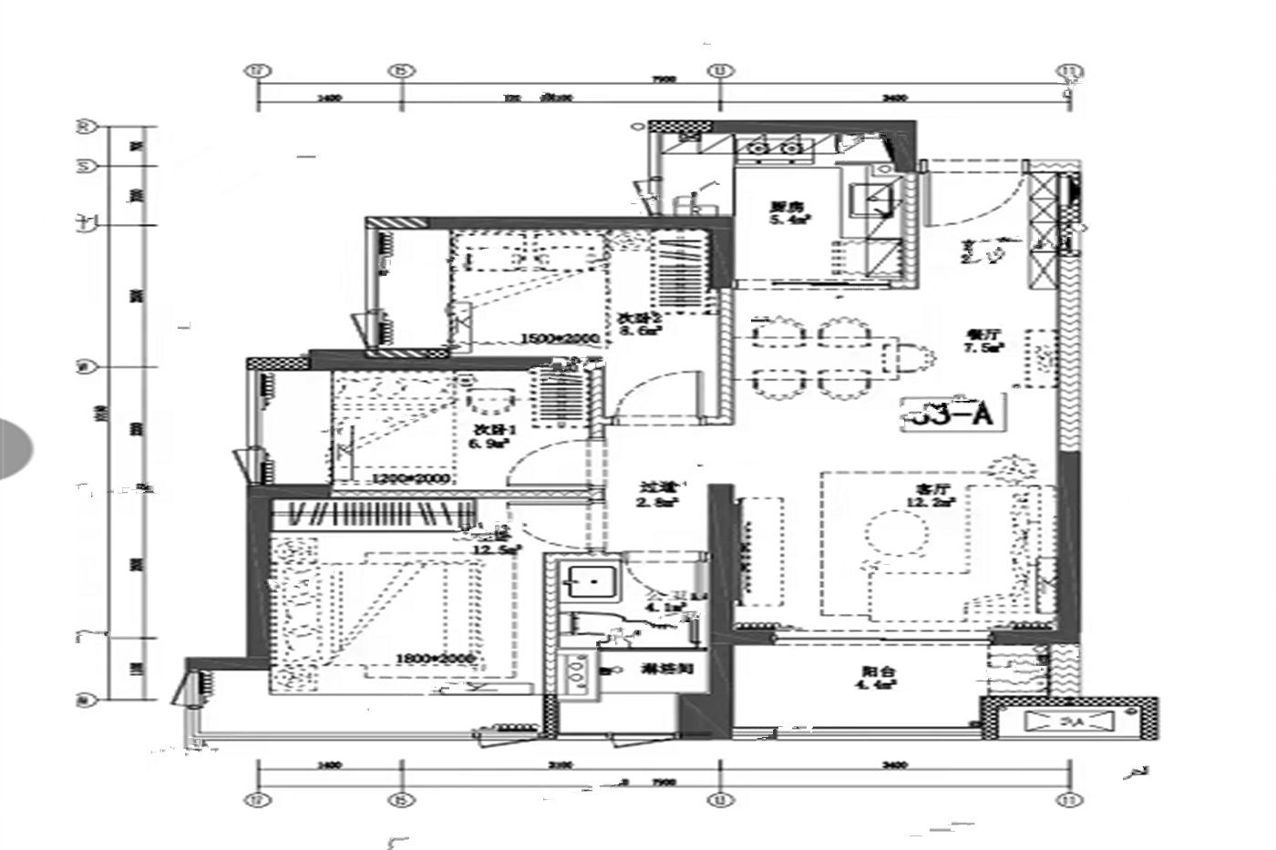 深业山水东城花园3室2厅1卫76㎡户型图