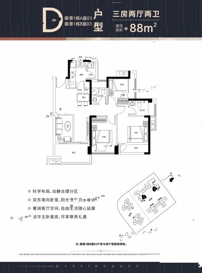 宝昌利御景御峰公馆3室2厅2卫88㎡户型图